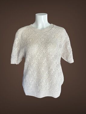 Women's Short Sleeve Cream Sweater Top, Crochet, Round Neckline, Size Petite Med
